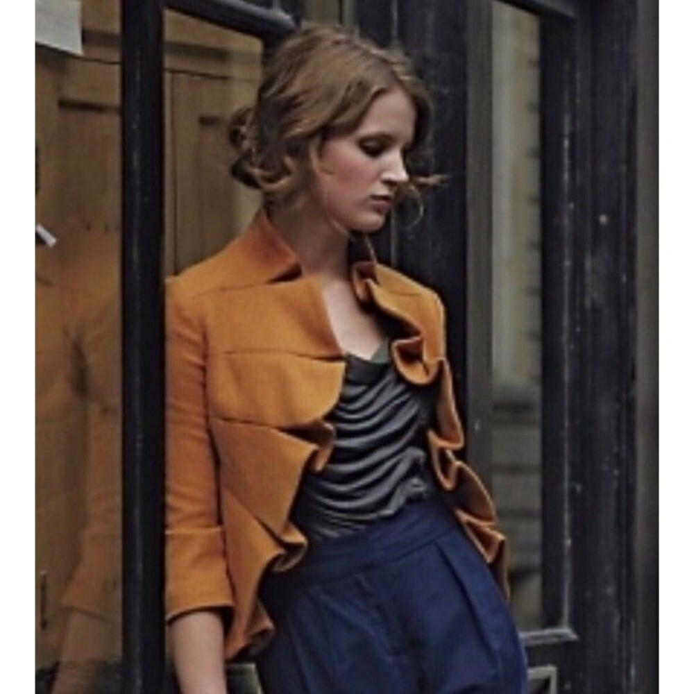 Anthropologie Mustard Ruffle Jacket - Picture 2 of 7